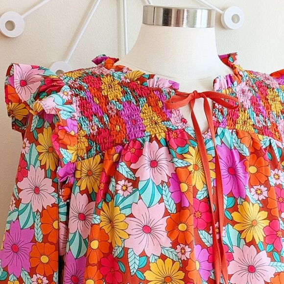 NWT Retro Floral Tiered XL-2XL Dress | Smocked Boho Flower Plus Size | 70s Style - Picture 3 of 5